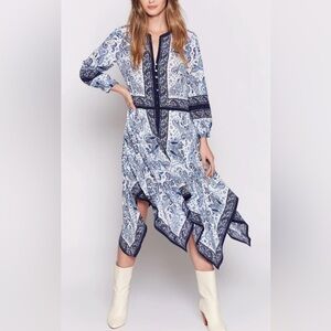 Joie Cyntia Paisley Silk Long-Sleeve Asymmetrical Dress Blue & White Sz S